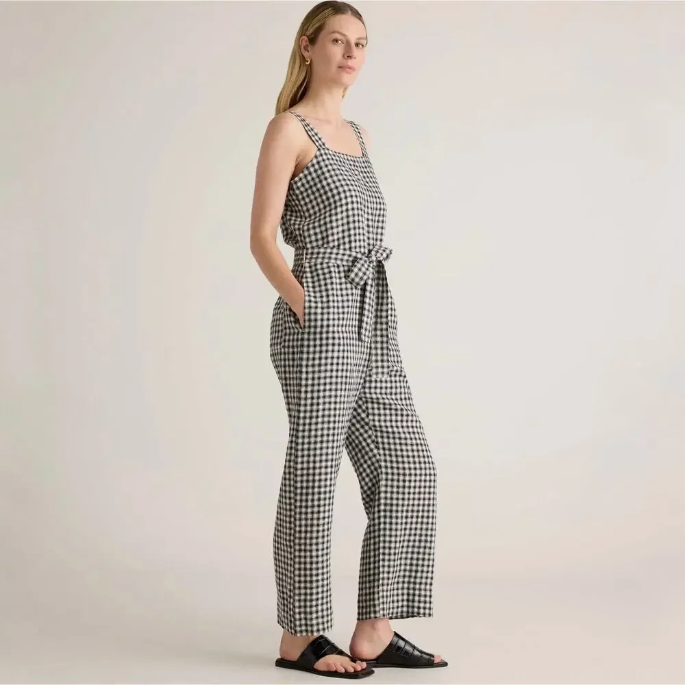 Quince European Linen Square Neck Jumpsuit in Khaki/Black Gingham Medium‎ NWT